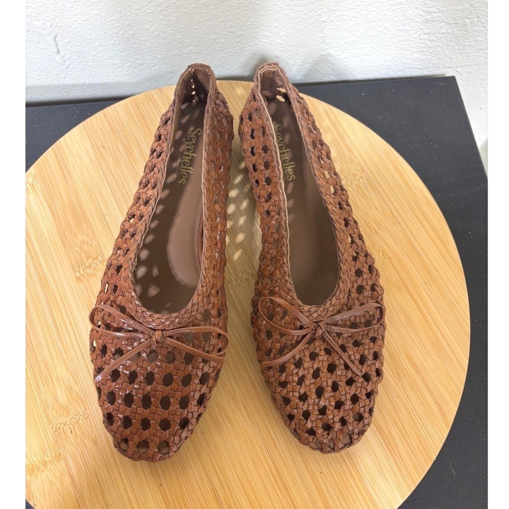 Seychelles Woven Flat 6.5 Flagstaff Tan Leather Bow Detail Huarache Style